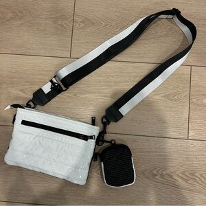 Think Royln Downtown Crossbody Bag with Clip-on Bag Black White Patent NWOT